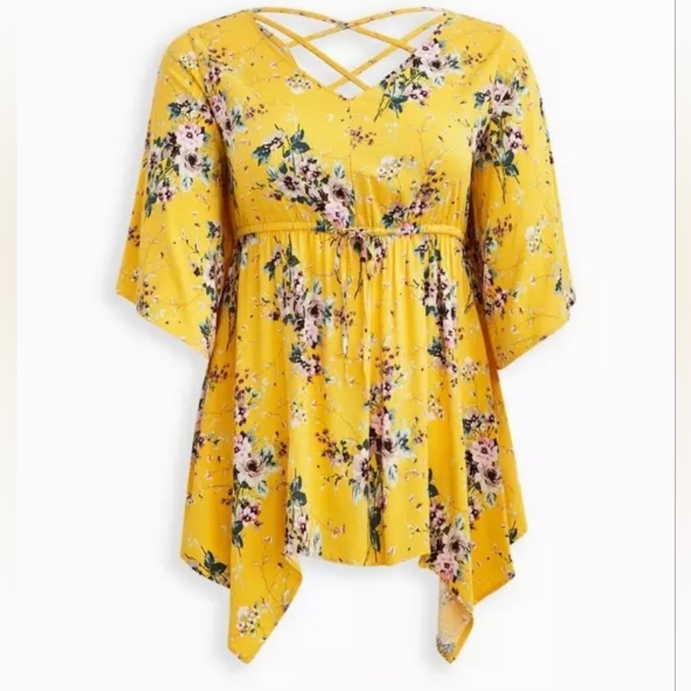3X • Torrid • Stretch Challis Floral Yellow Babydoll Top